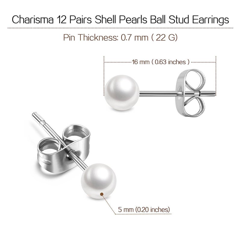 Charisma 5mm Composite Pearl Stud Earrings Round Ball Pearls Hypoallergenic 12 Pairs Imitation Pearl Earrings Set for Women - Image 4